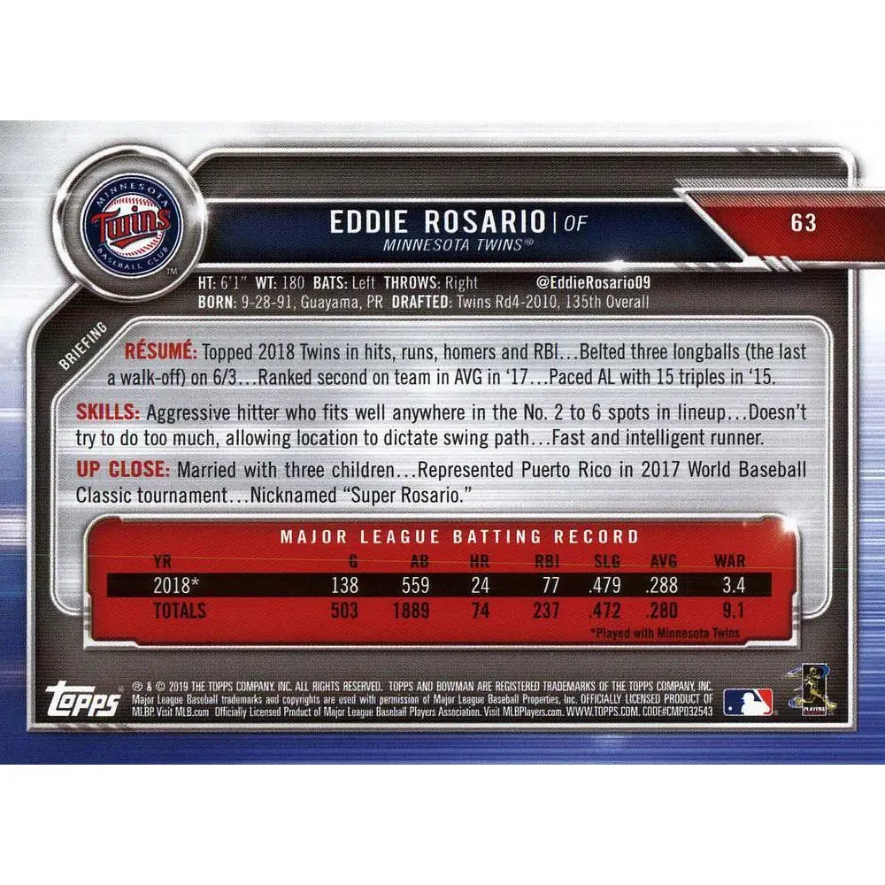2019 Bowman Eddie Rosario #63 Minnesota Twins